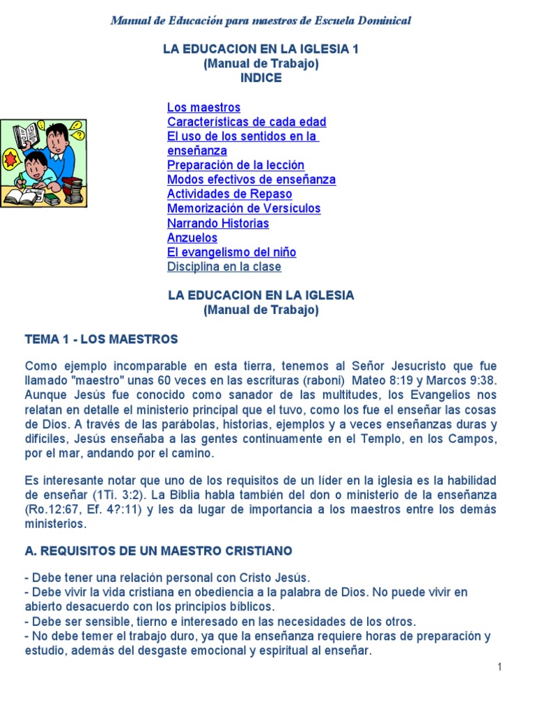 La Educacion En La Iglesia 1 Manual De Trabajo Indice - 