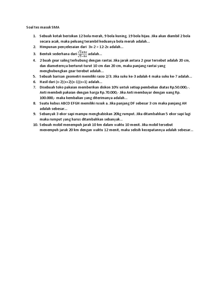 Soal Tes Masuk Sma