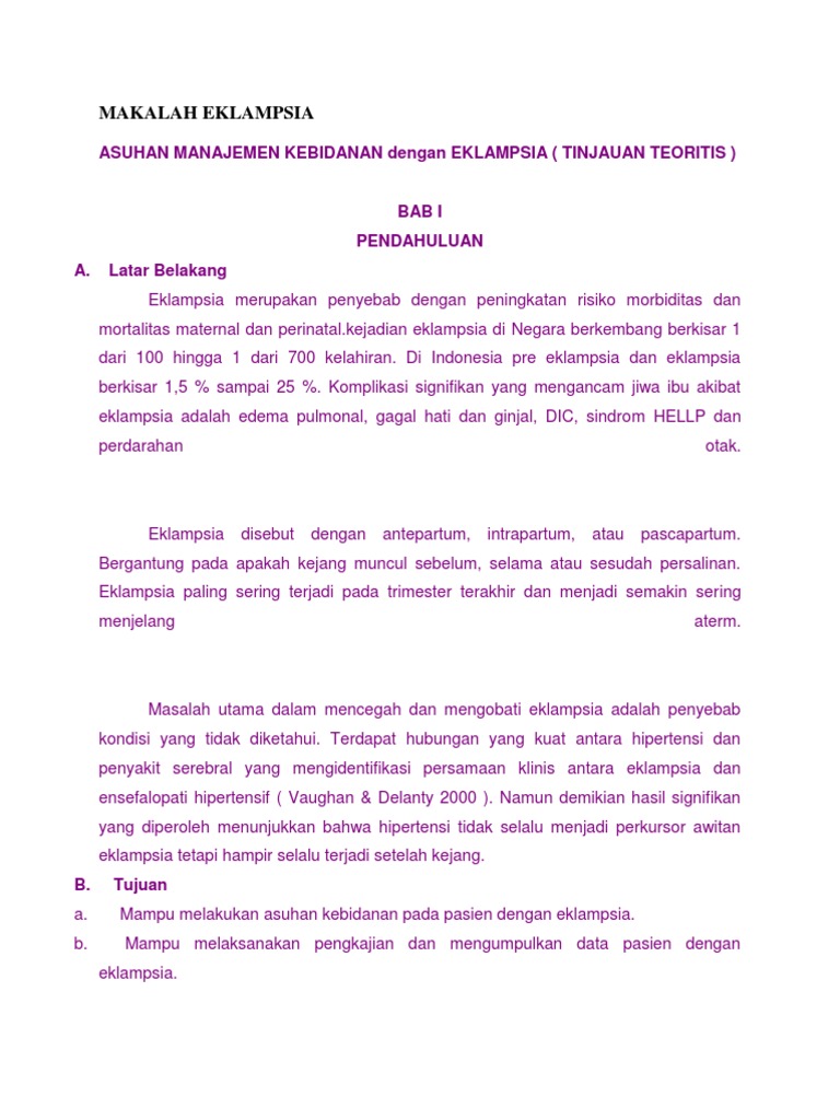 Makalah Eklampsia: Asuhan Manajemen Kebidanan Dengan 