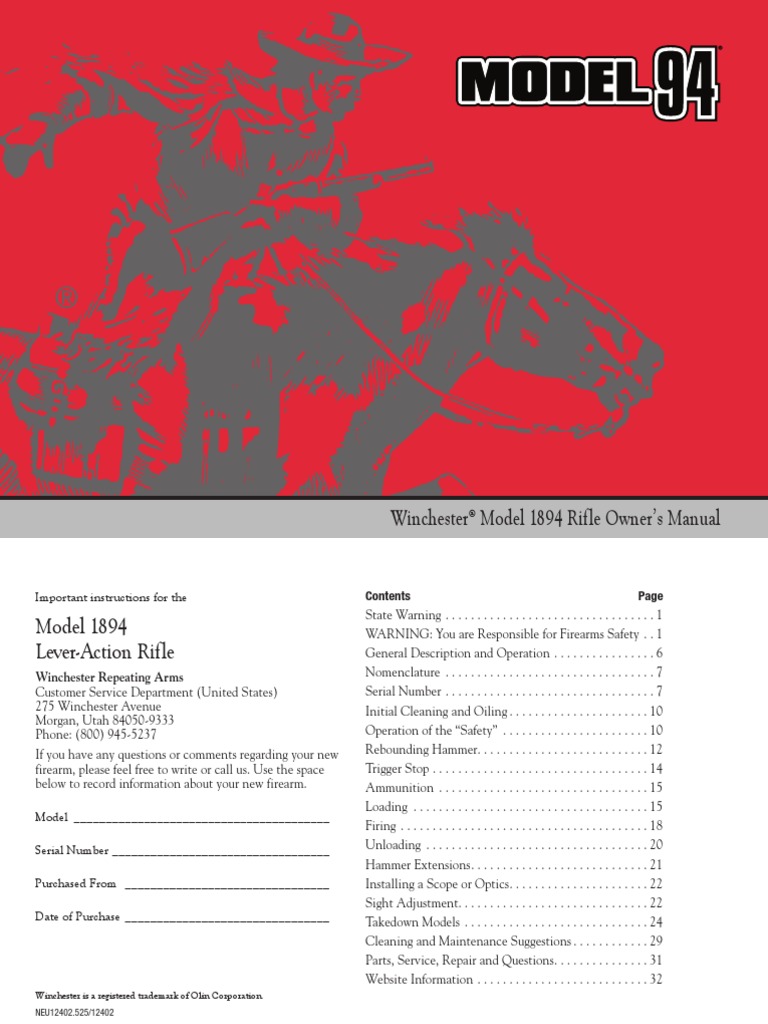 Winchester Model 1894 Rifle Owner's Manual PDF Trigger (Firearms) Cartridge (Firearms)