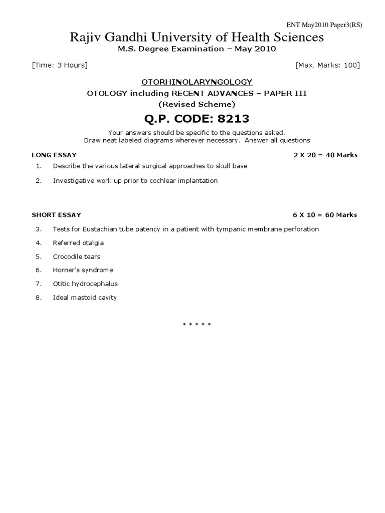 ENT Otology Exam Paper III 2010 | PDF