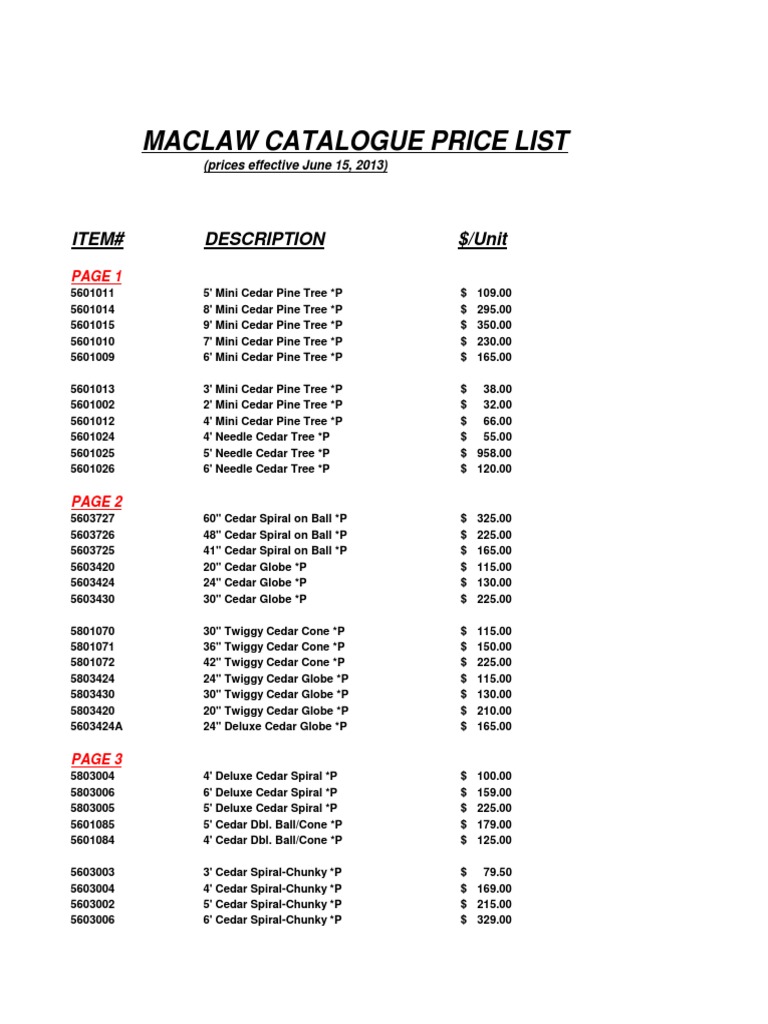 2013 Catalogue Price List With Page Numbers Prices Effective June 15