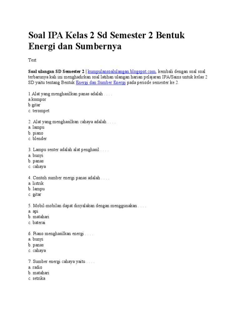 Soal Ipa Kelas 3 Materi Manfaat Energi