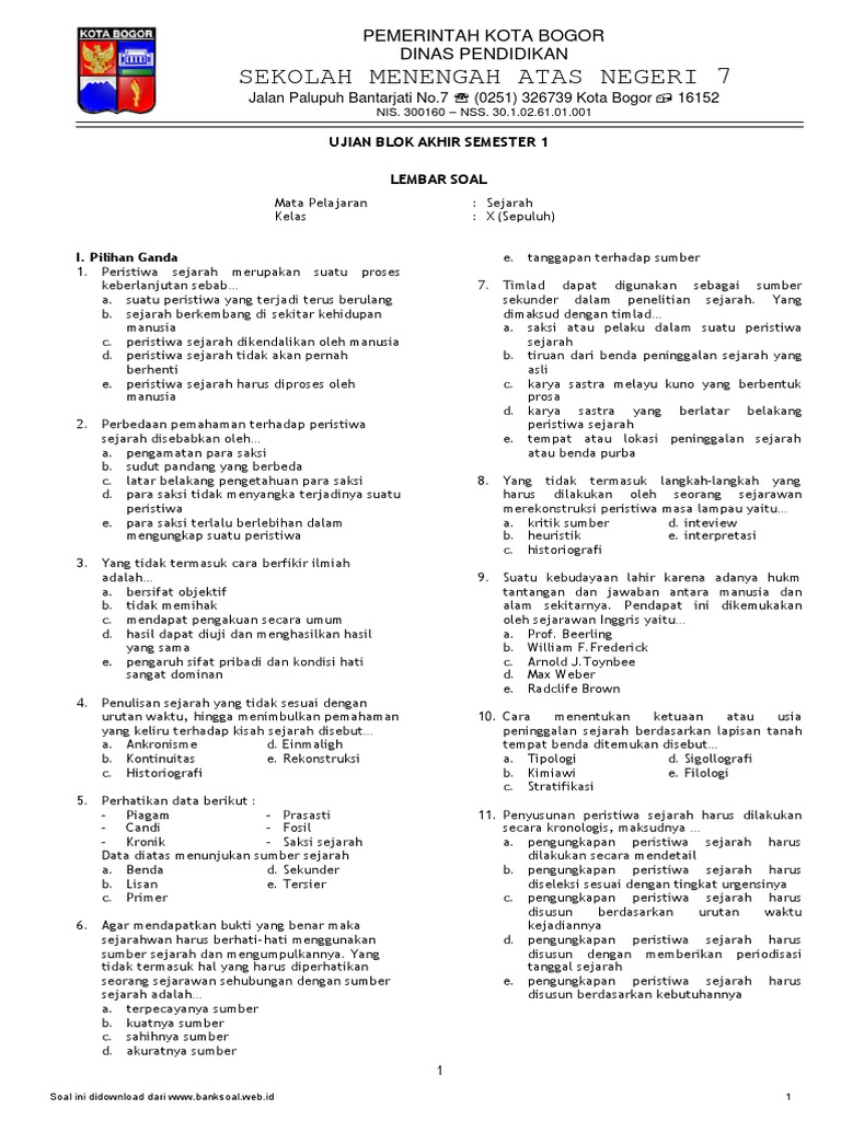 Www Banksoal Web Id Soal Ujian Semester I Sma Kelas X Sejarah