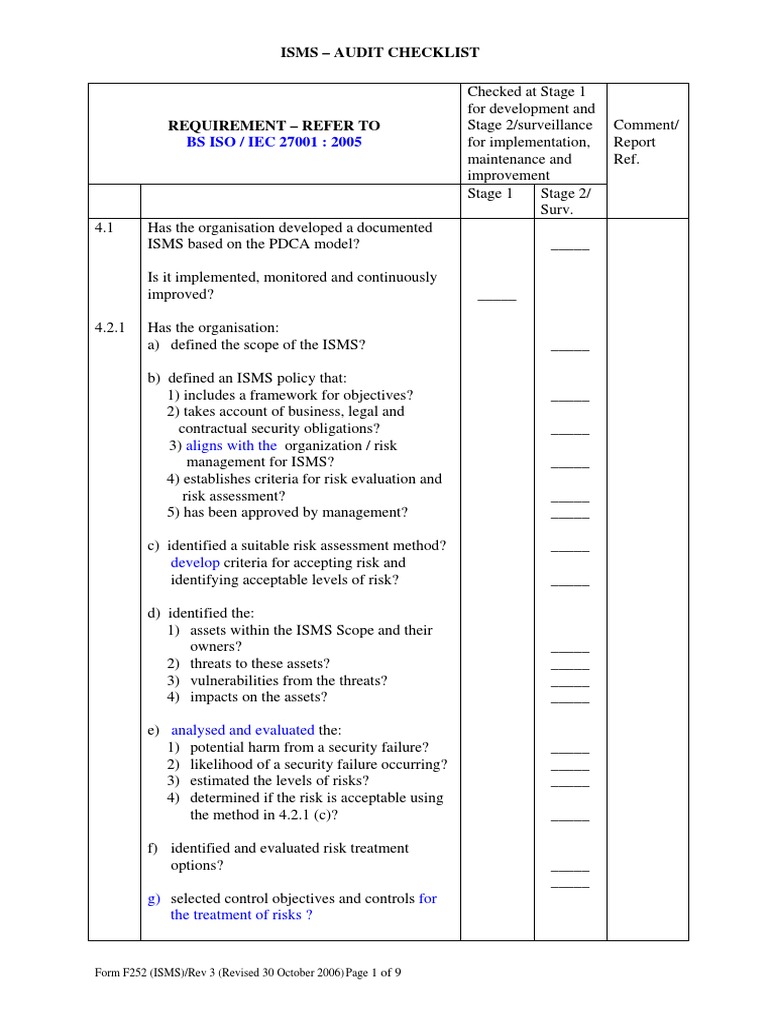 ISMS Audit Check List PDF Audit Risk Assessment