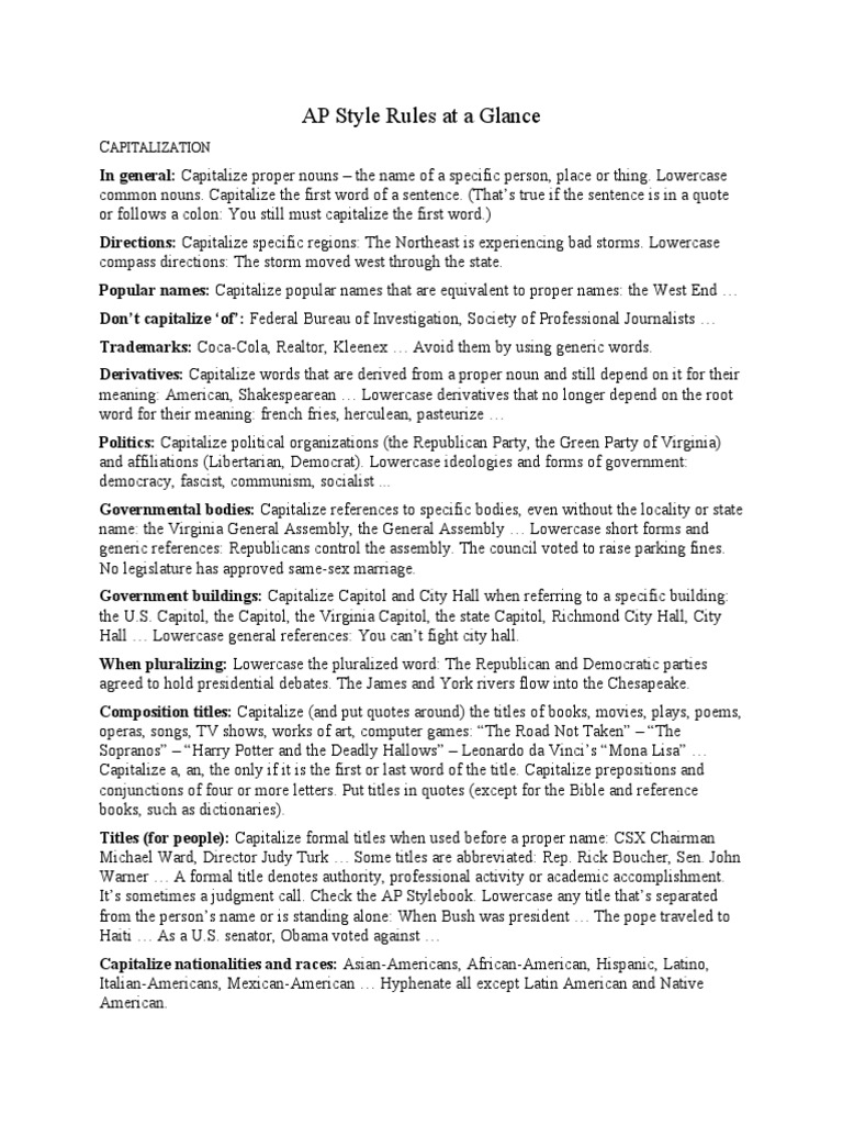 AP Style at A Glance Capitalization | PDF | Mass (Liturgy) | Letter Case