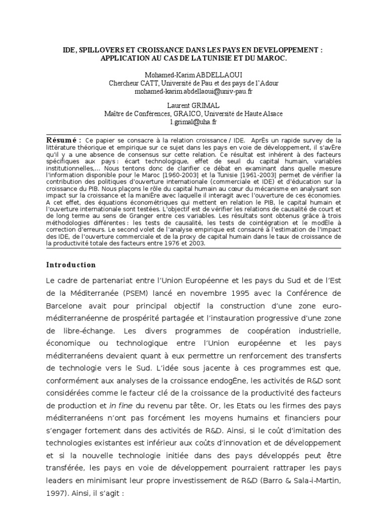 IDE et Croissance en Tunisie et Maroc | PDF | Société multinationale ...