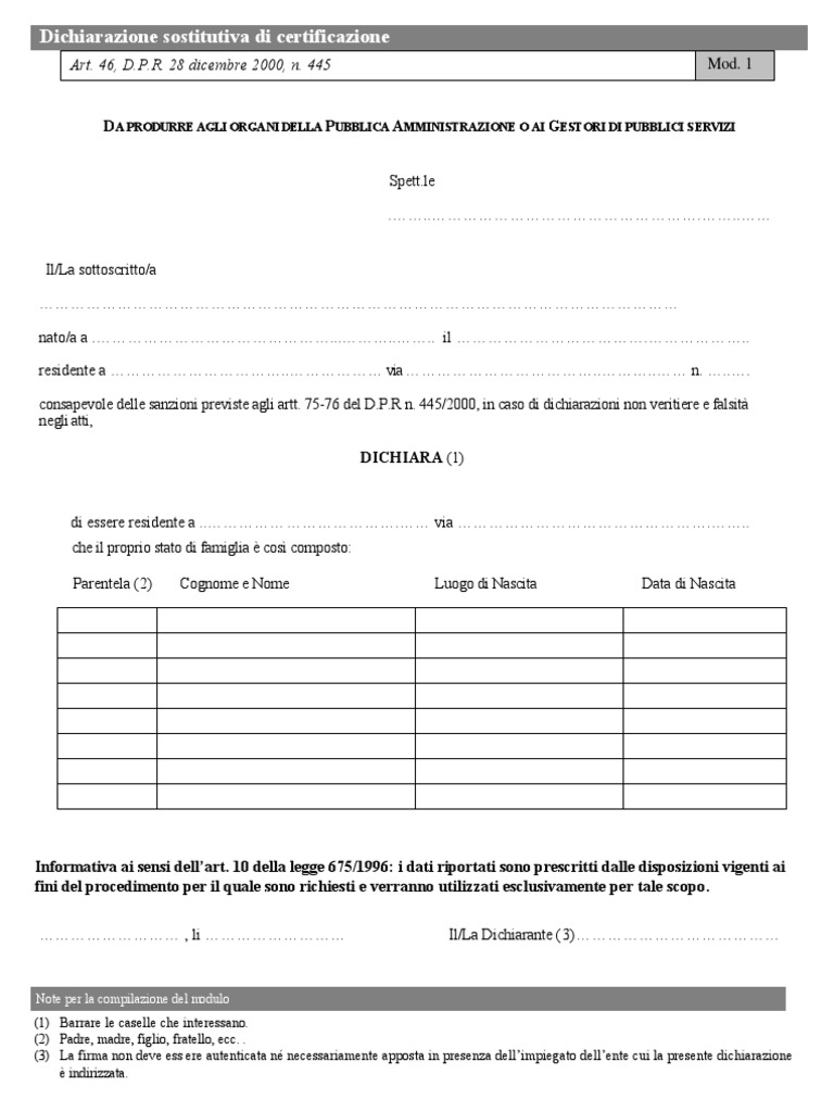 Autocertificazione Residenza Famiglia