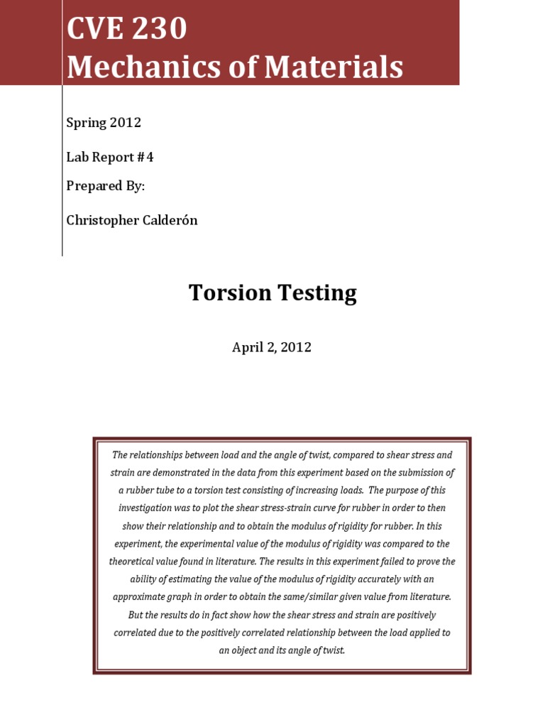 Cve 230 Lab Report 4 Torsion Testing Stiffness Elasticity Physics