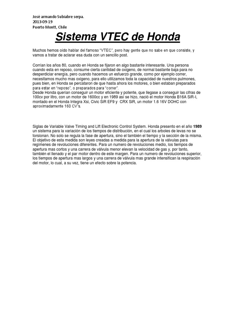 Sistema VTEC de Honda: Eficiencia y Potencia | PDF | Motores ...
