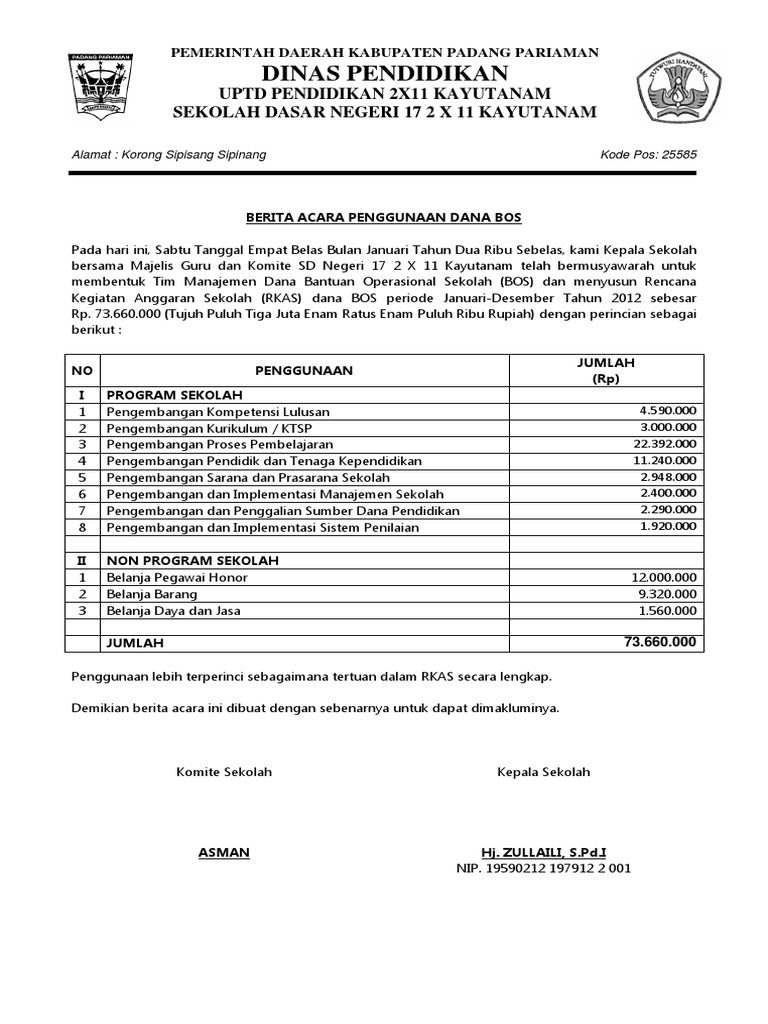 Contoh Laporan Penggunaan Dana Bos