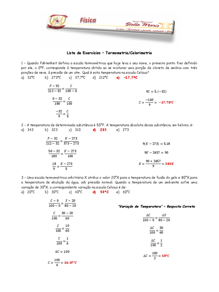 Exercícios de Termometria e Calorimetria | PDF | Calor | Temperatura