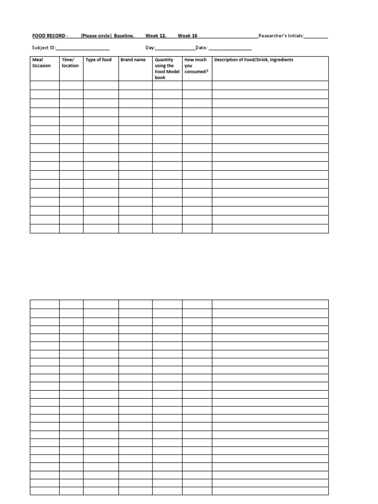 Food Consumption Record Template | PDF | Wellness