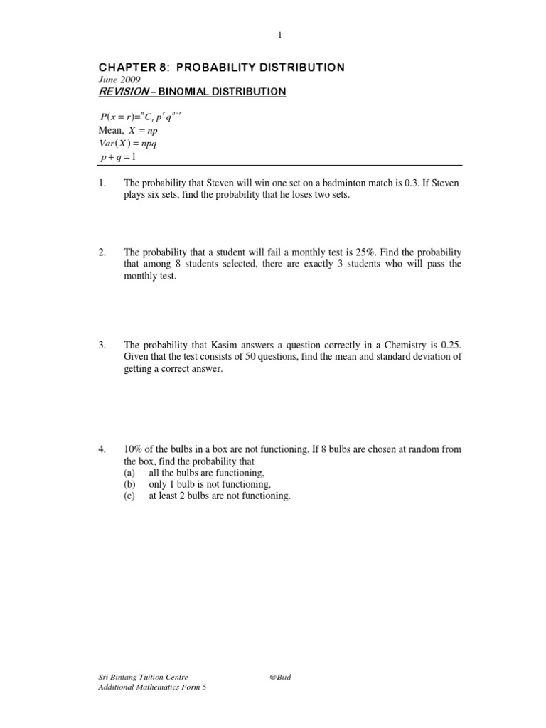 Binomial Distribution Probability Exercises | PDF | Teaching Methods ...
