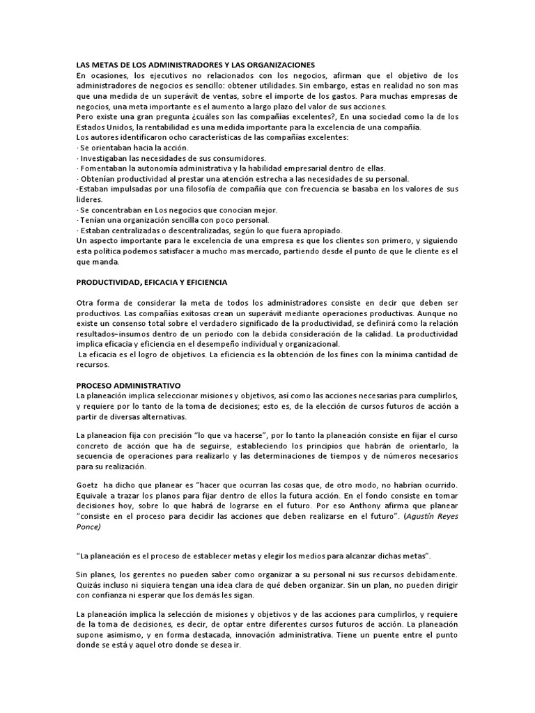 Metas y Objetivos en Administración | PDF | Planificación | Toma de ...