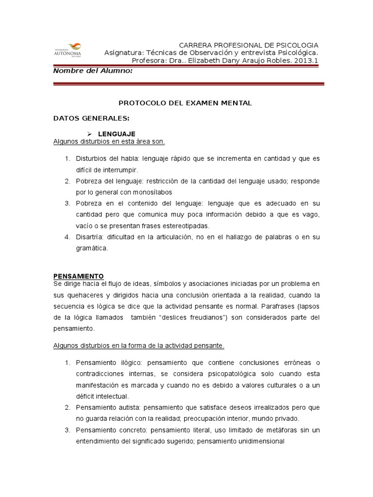 Protocolo de Examen Mental PDF | PDF | Atención | Las emociones