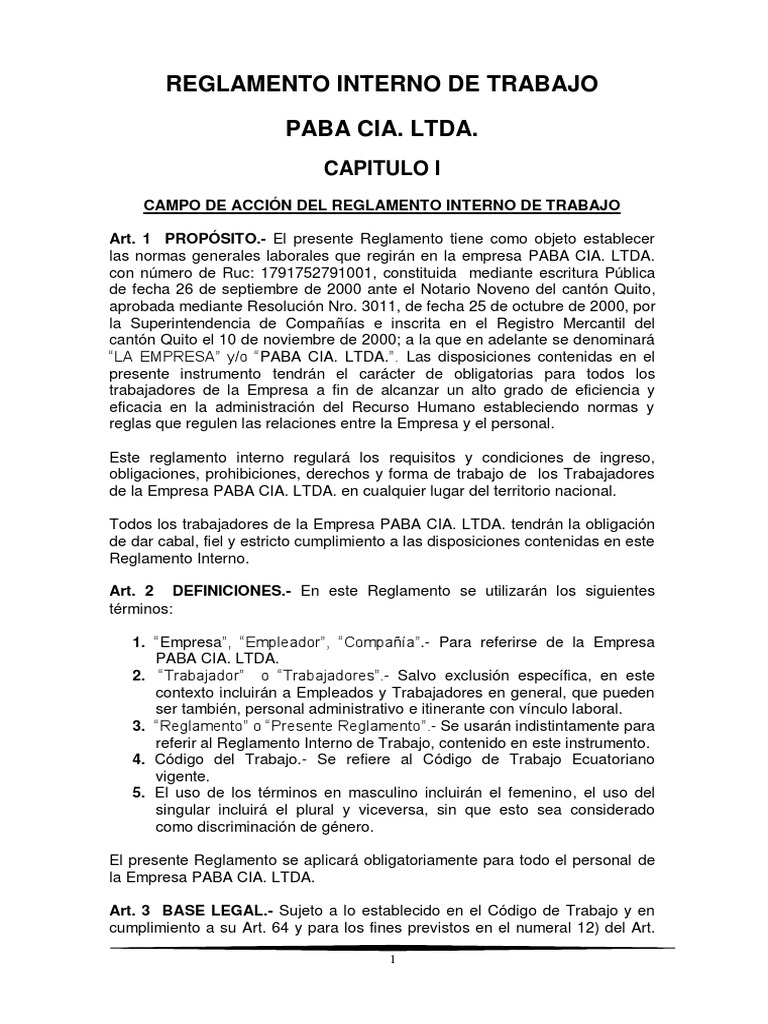 Reglamento Interno de Trabajo Paba CIA Ltda Derecho laboral