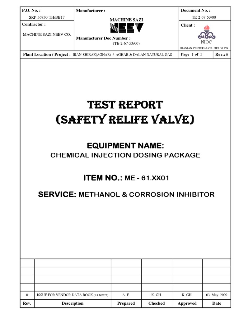Safety Relief Valve Test Report | PDF