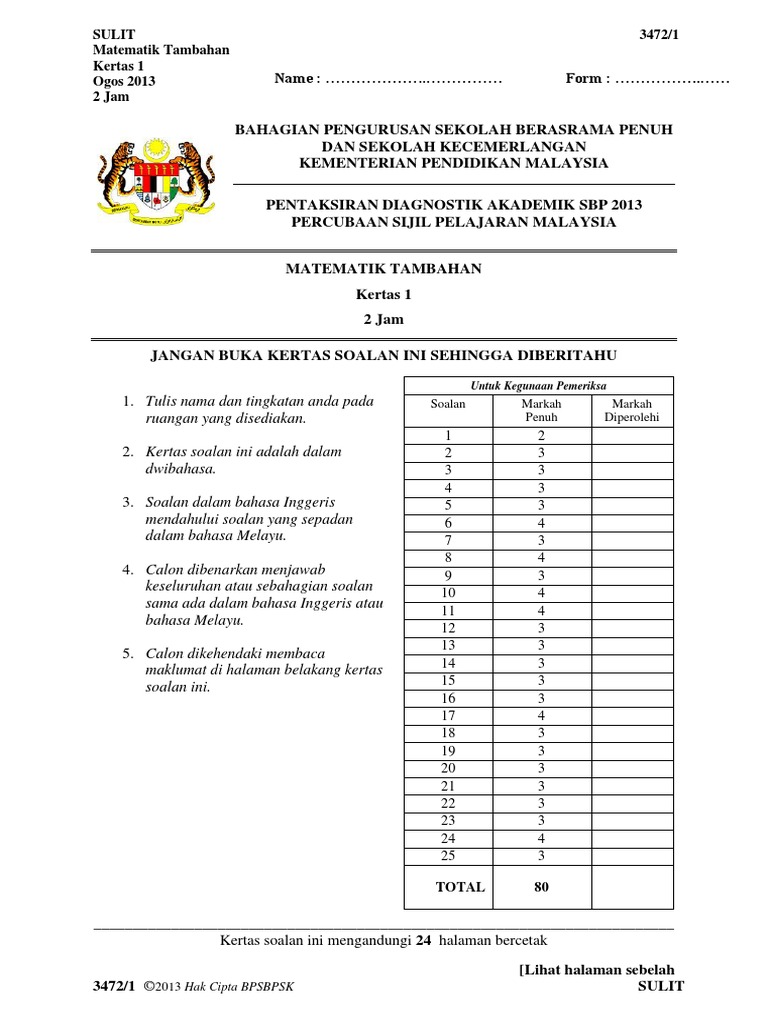 SOALAN MT KERTAS 1 TRIAL SBP SPM 2013