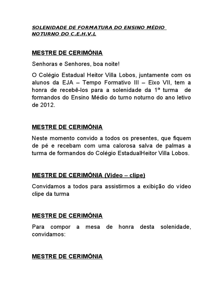 Solenidade de Formatura Do Ensino Médio Noturno Do Cehvl | PDF, image size:768x1024