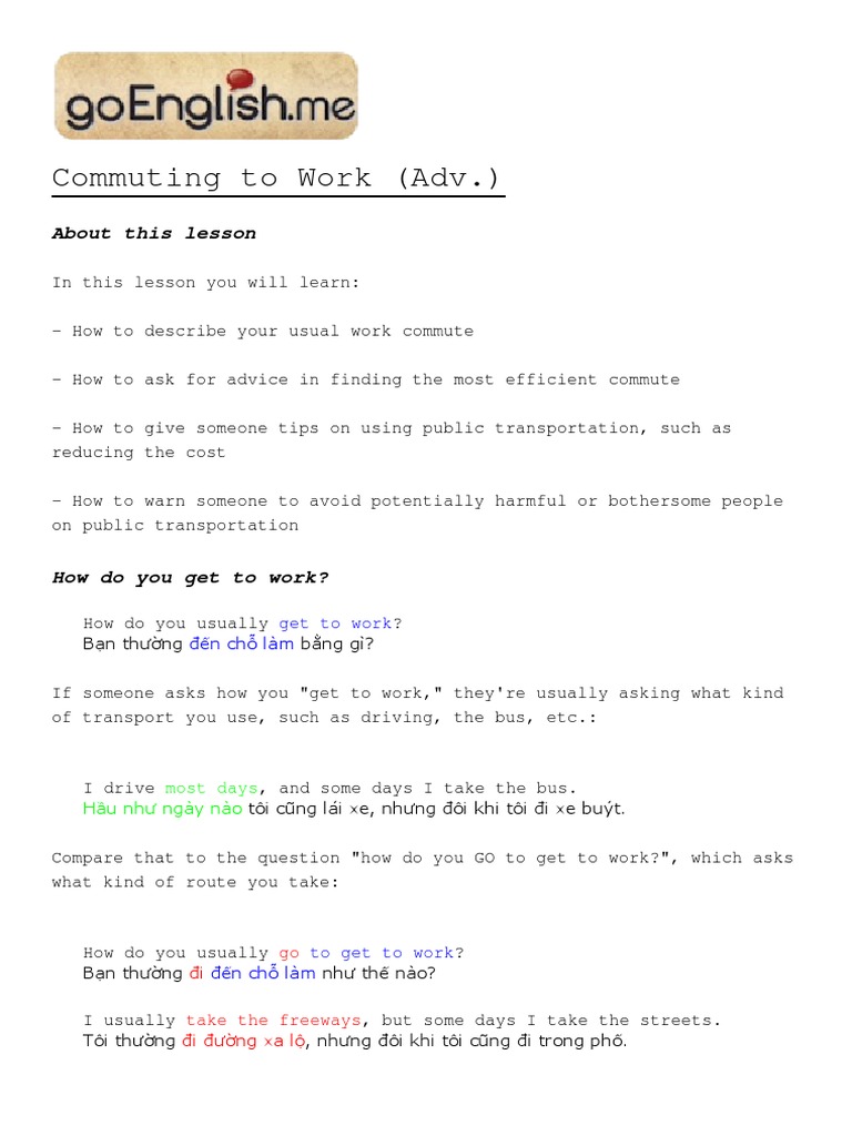 Commuting To Work (Adv.) : About This Lesson | PDF