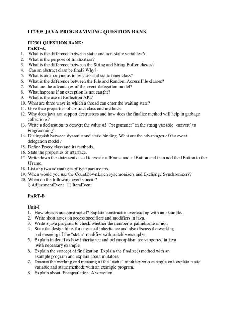 It2305 Java Programming Question Bank | PDF | Method (Computer ...
