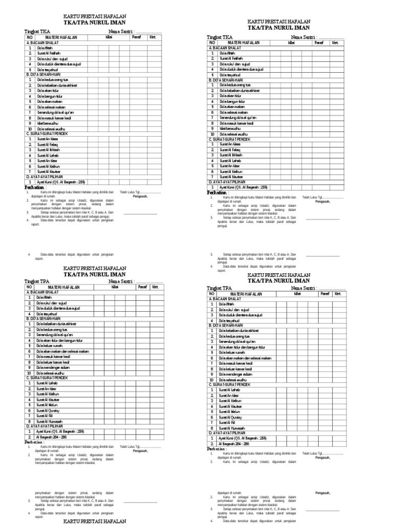Contoh Kartu Hafalan Santri Soft Educaiton