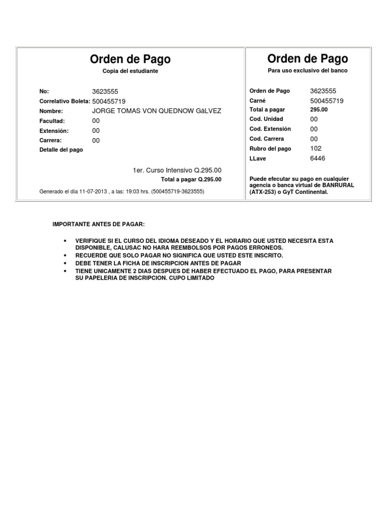 Ejemplo de Orden de Pago para Curso | PDF