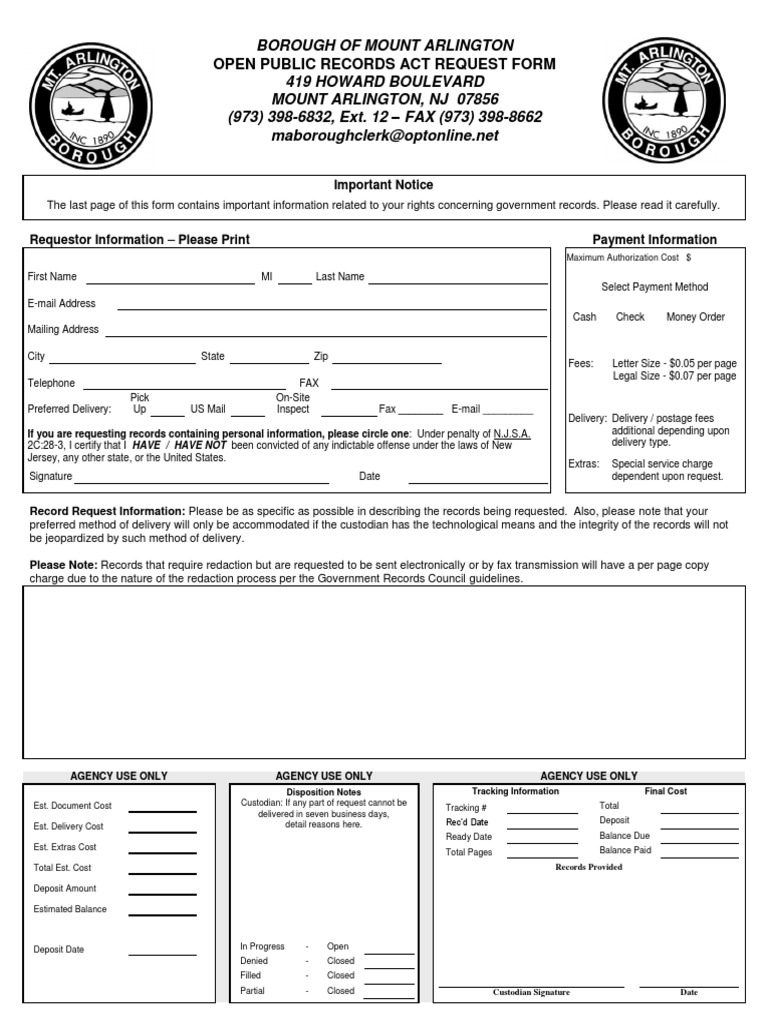 Mount Arlington OPRA Request Form PDF Mail Fee