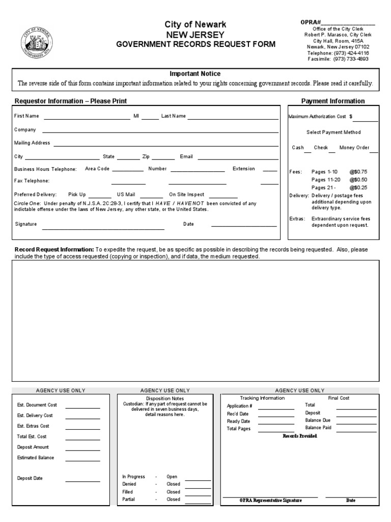 Newark OPRA Request Form Cheque Mail