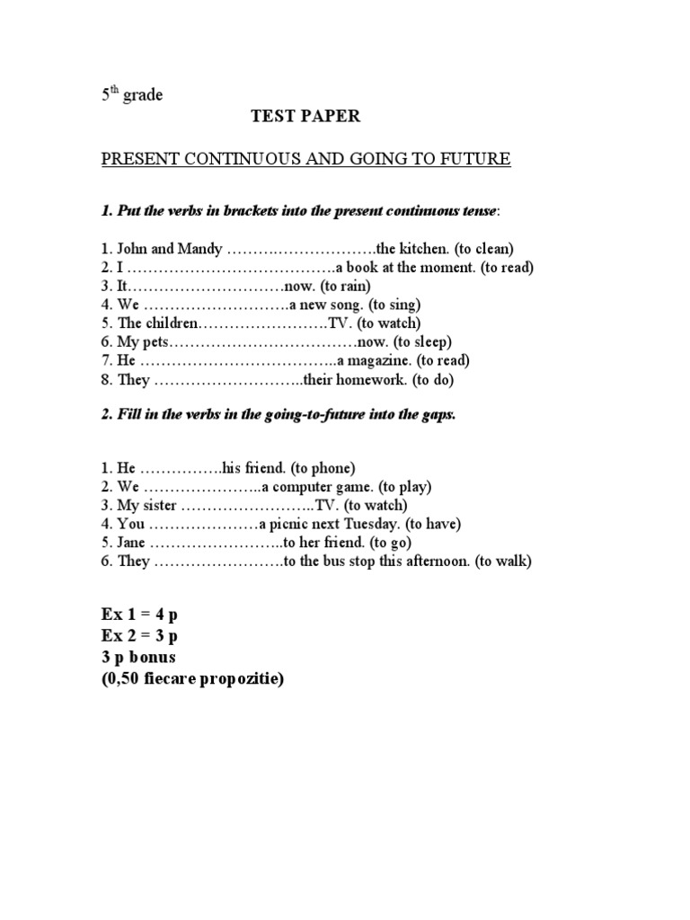 5 Grade Test Paper Present Continuous and Going To Future | PDF