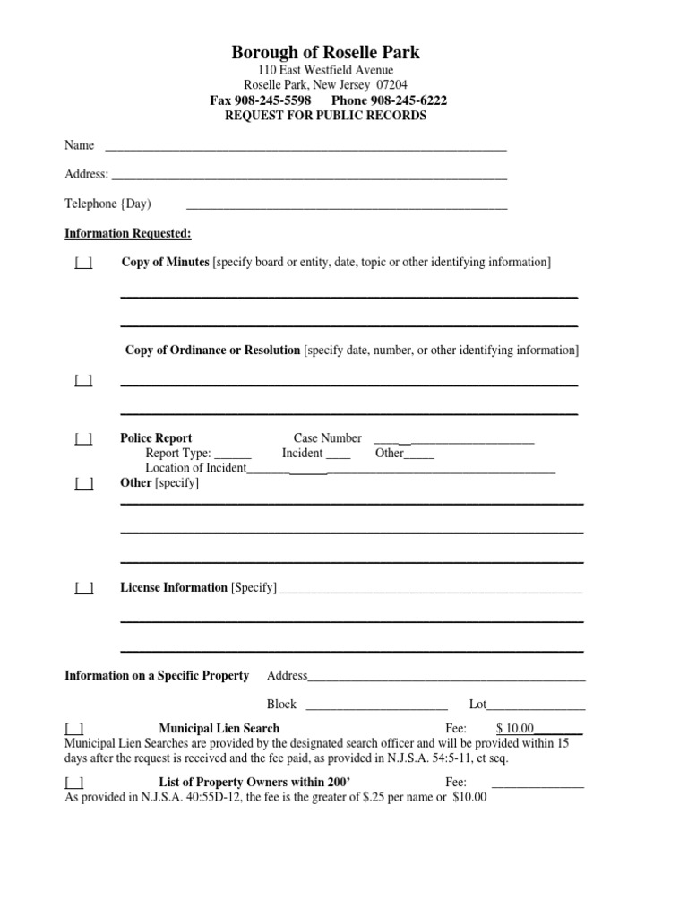 Roselle Park OPRA Request Form PDF Government Information Government