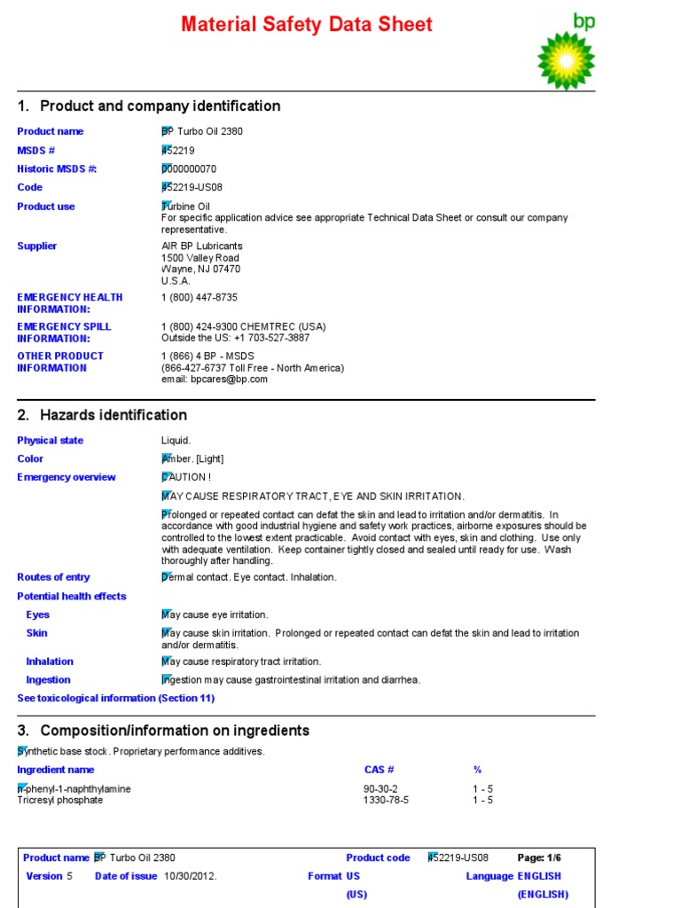 BP Turbo Oil 2380 MSDS Waste Management Waste