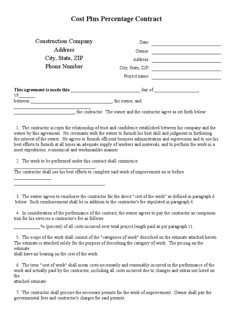 Cost Plus Percentage Contract PDF