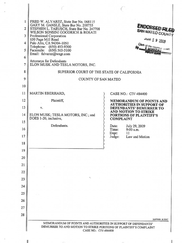 Memorandum of Points and Authorities in Support of Defendants' Demurrer