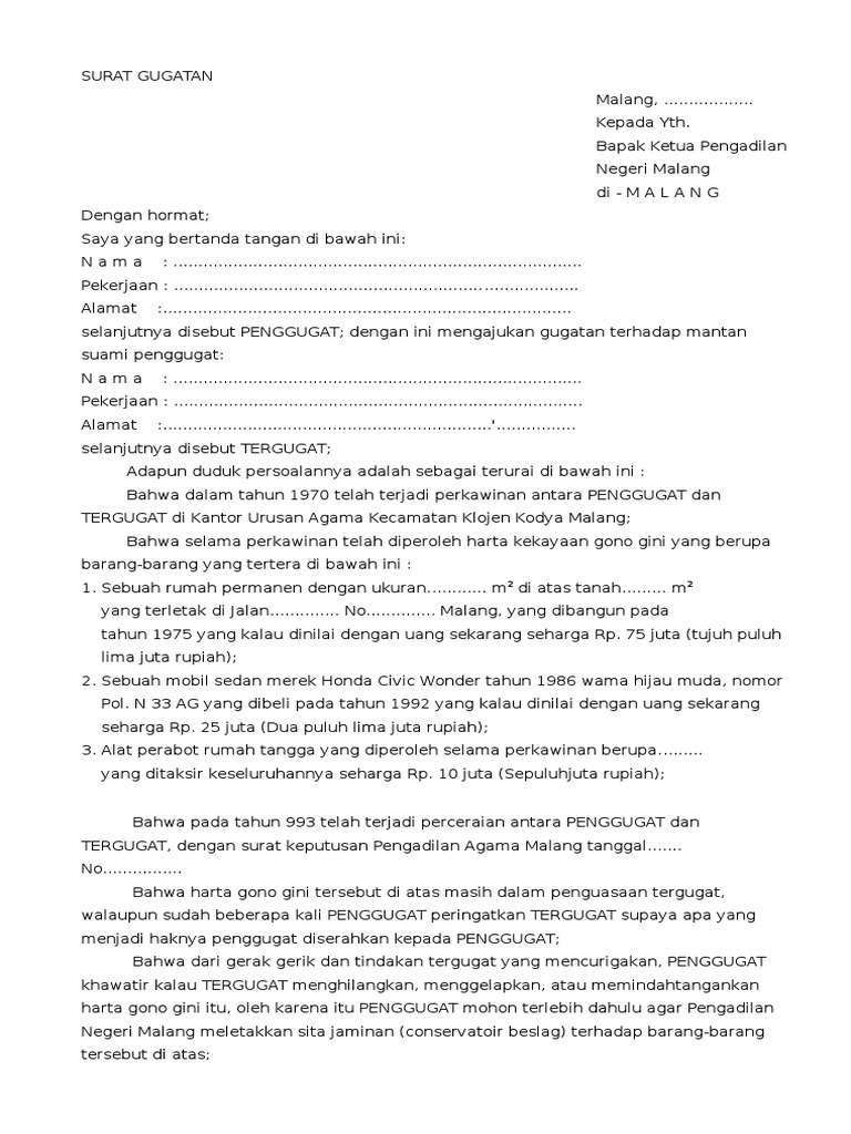 Contoh Surat Gugatan Latihan