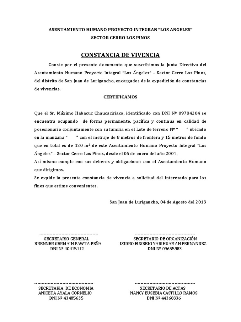 Constancia de Vivencia