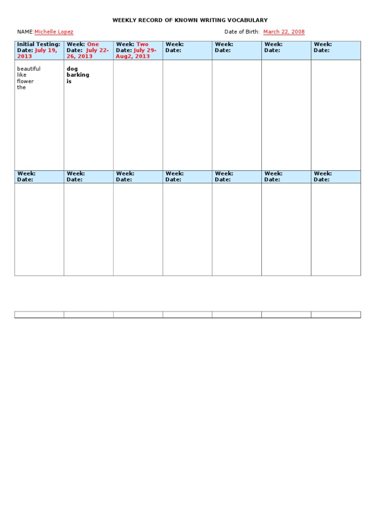 4.C Weekly Record of Known Writing Vocabulary | PDF