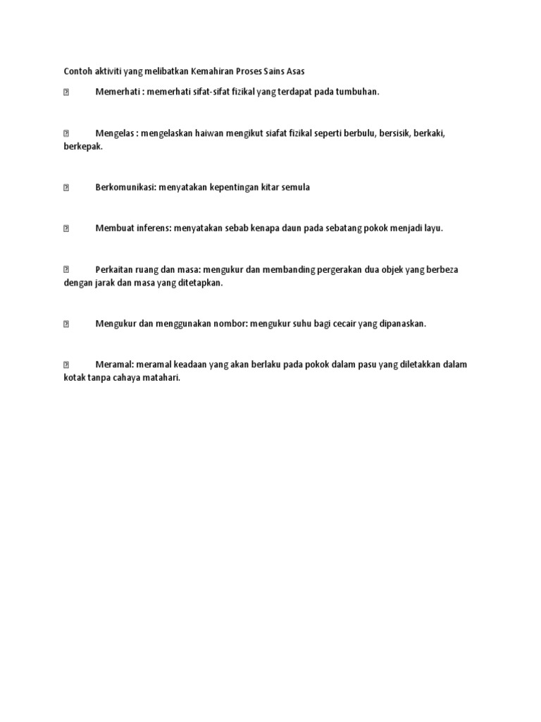 Contoh Aktiviti Yang Melibatkan Kemahiran Proses Sains Asas Pdf