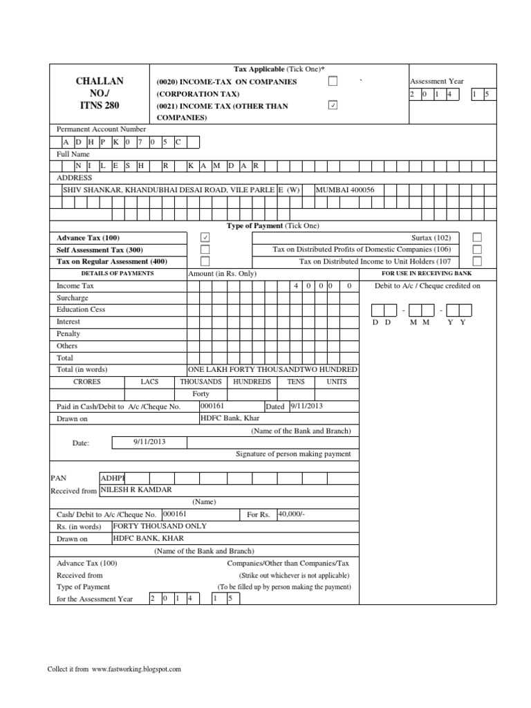 HDFC Income Tax Challan Form 280 | PDF