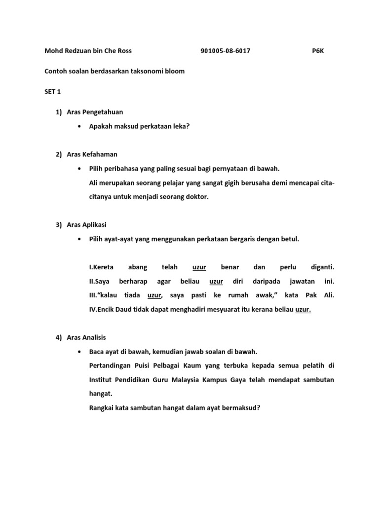 Contoh Soalan Berdasarkan Taksonomi Bloom