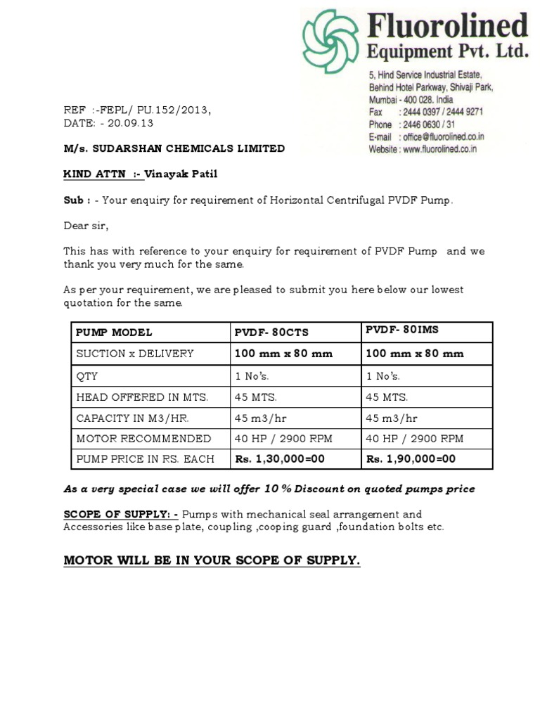 Quotation For Pumps PDF Pump Machines