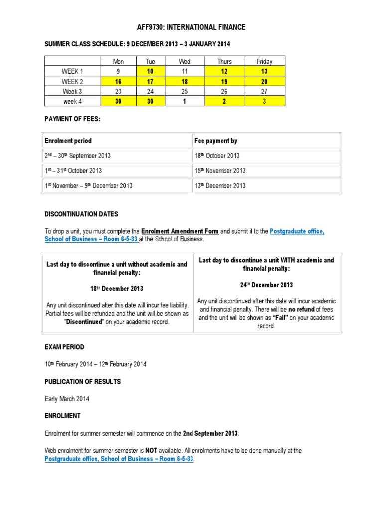 Summer Class Schedule for AFF9730 | PDF