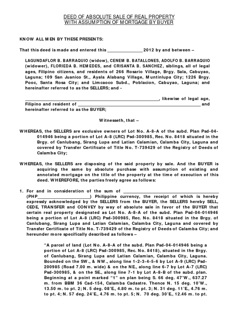 Deed of Sale of Real Estate With Assumption of Mortgage Mortgage Law