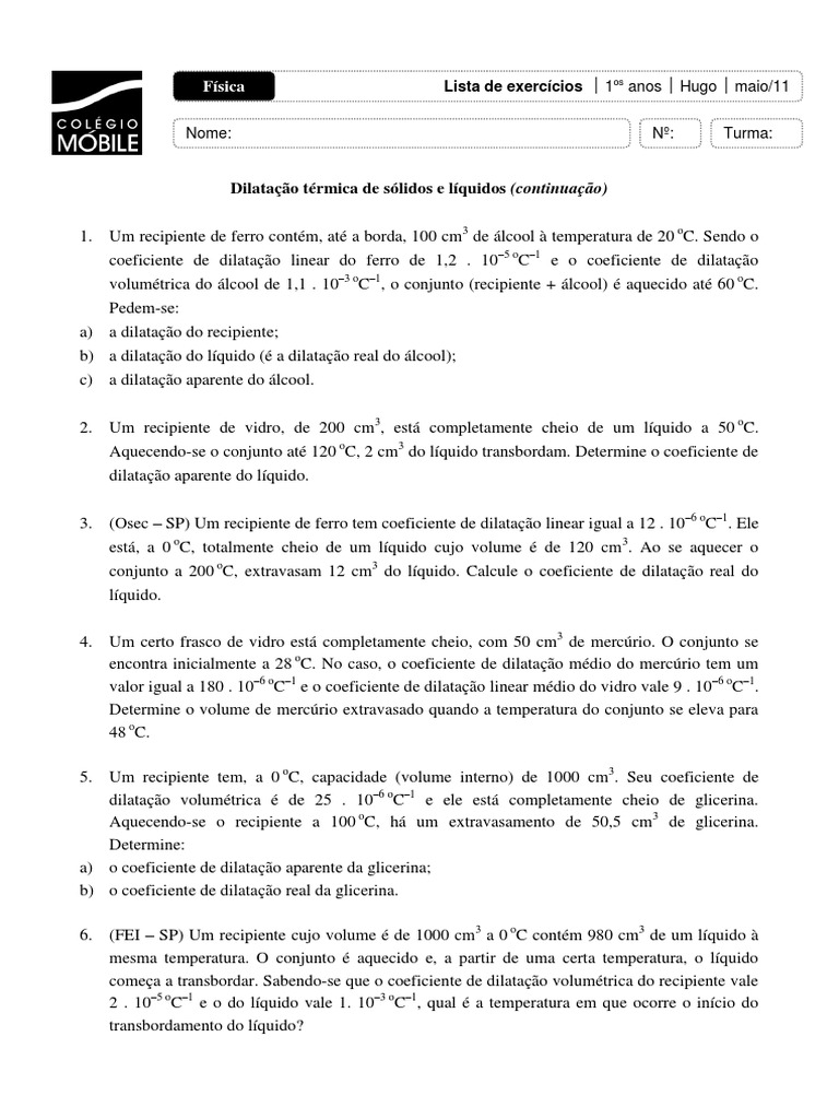 Lista Exercícios - Dilatação Térmica de Sólidos e Líquidos 02-1C | PDF