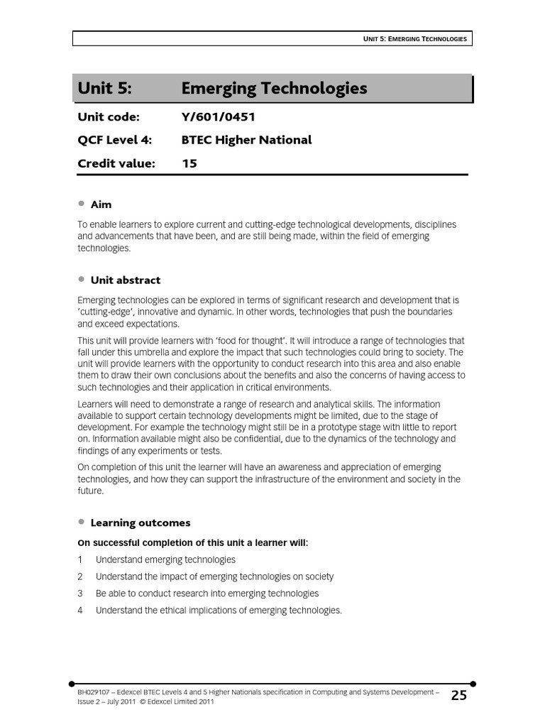 Selected HNC in Computing and Systems Development Units Unit 5 Emerging ...