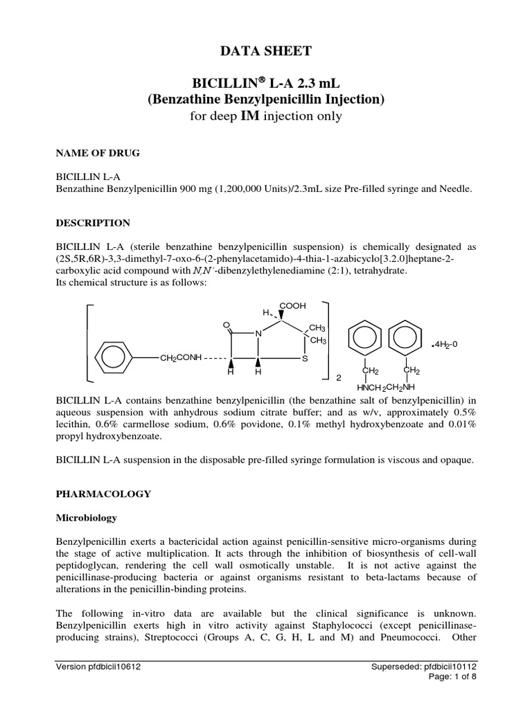 Data Sheet Bicillin L-A 2.3 ML (Benzathine Benzylpenicillin Injection ...