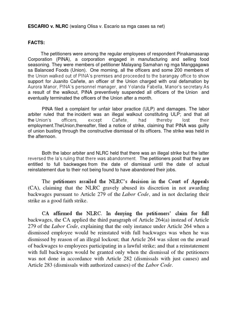 Labor Escario V NLRC PDF Strike Action Lockout (Industry)