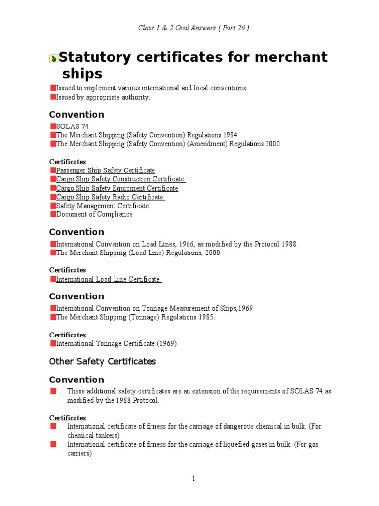List Of Certificates To Be Carried On Ships