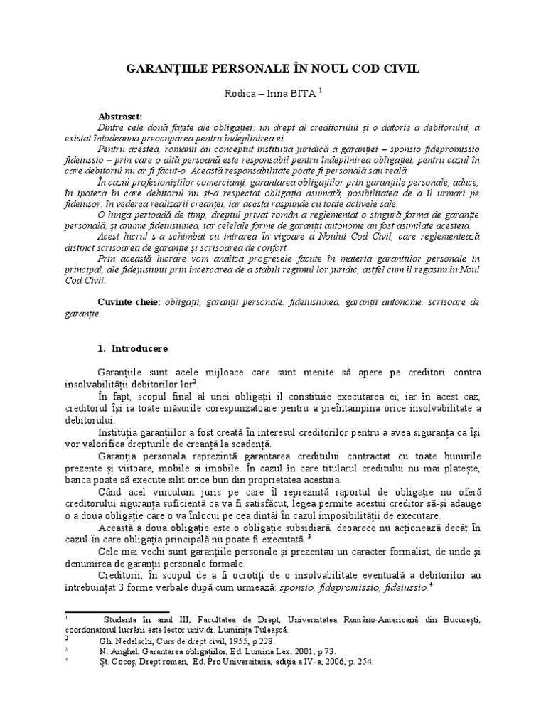 GaranÈ›iile Personale In Noul Cod Civil